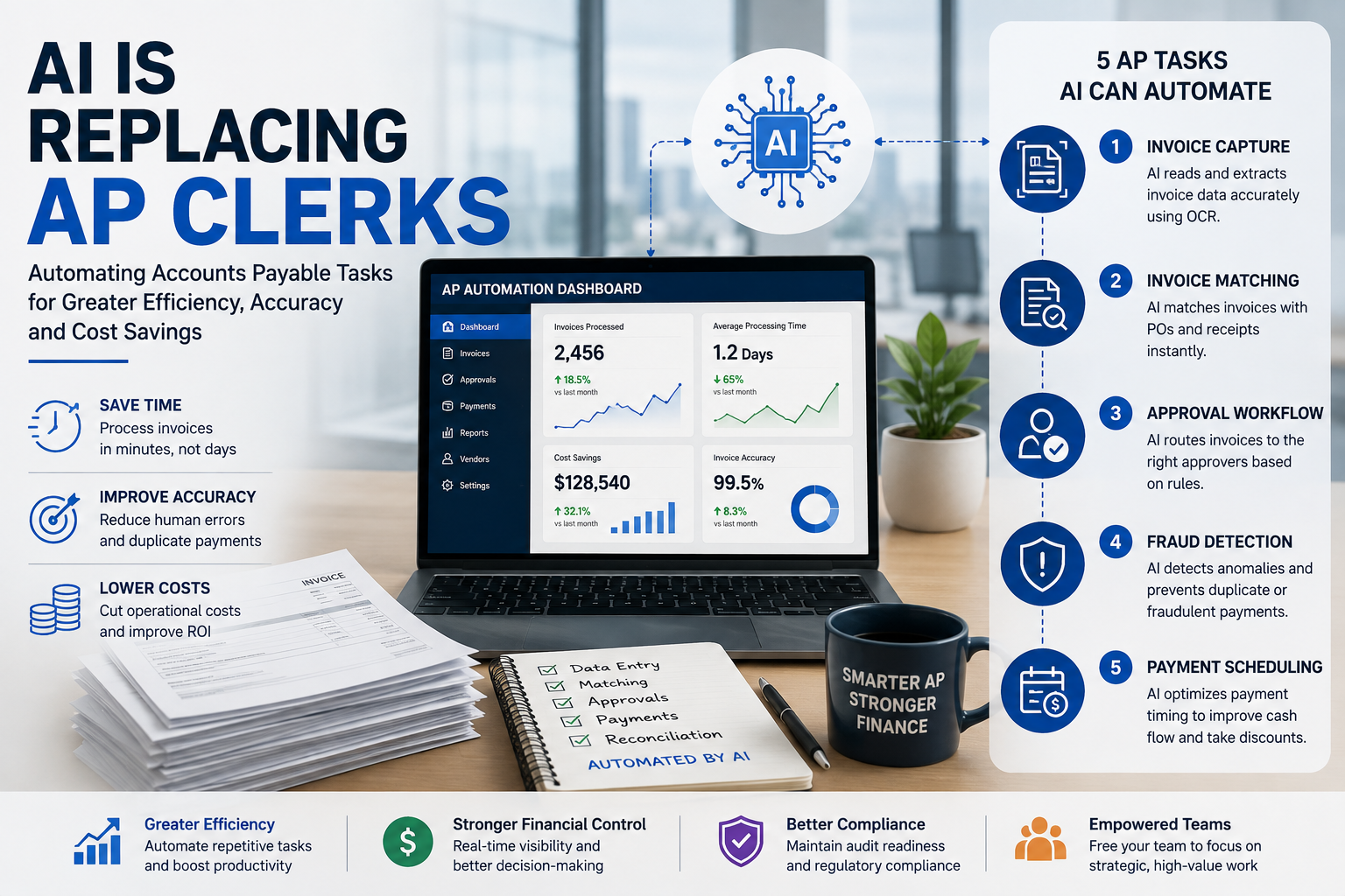 AI Is Replacing AP Clerks through accounts payable automation, invoice processing, approval workflows, fraud detection, and payment scheduling.