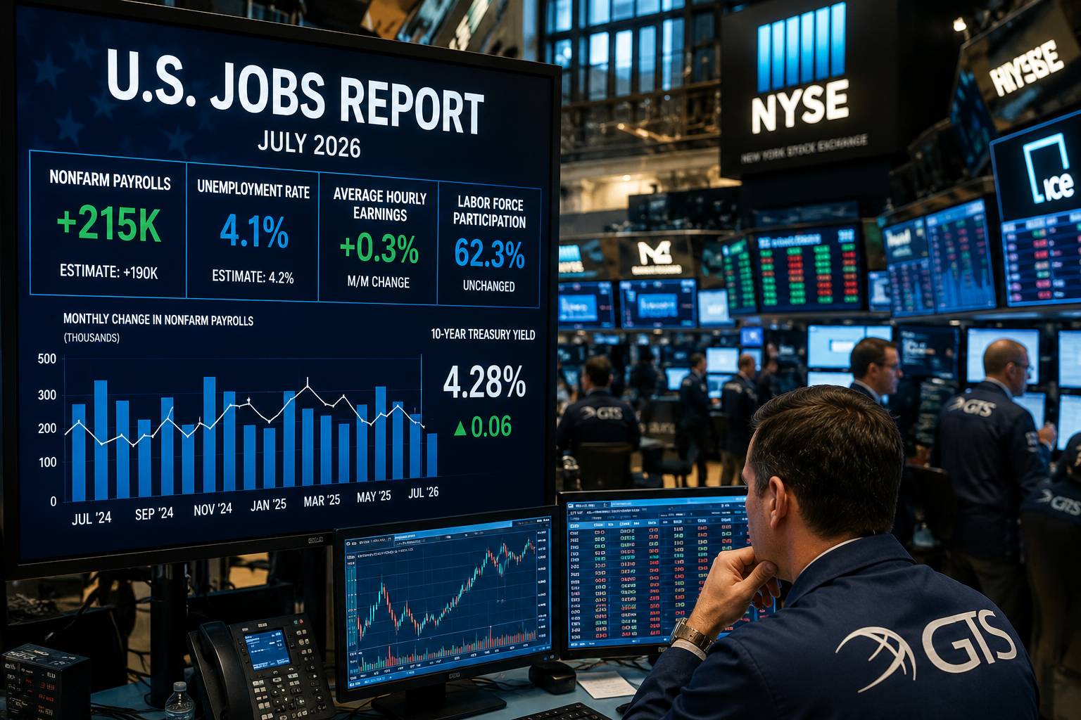 US Jobs Report trading screen at the New York Stock Exchange as investors assess Federal Reserve rate cut expectations