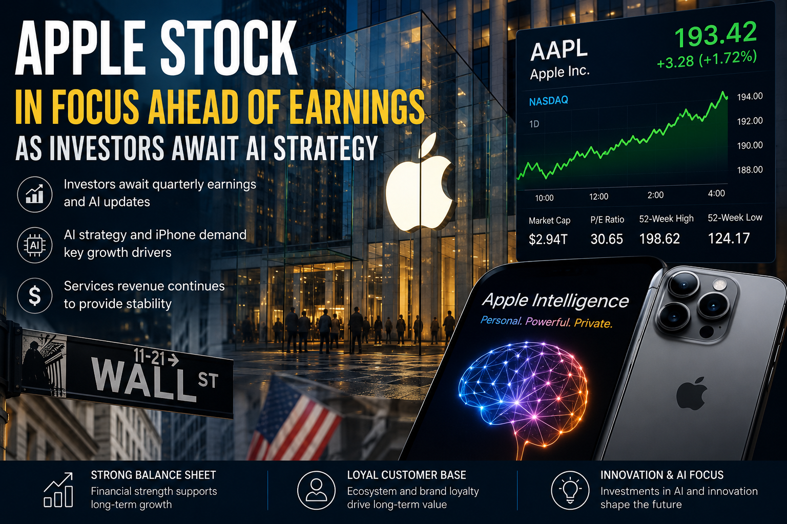 Apple stock market dashboard displaying AI growth, cloud computing performance, and Wall Street financial data ahead of quarterly earnings.