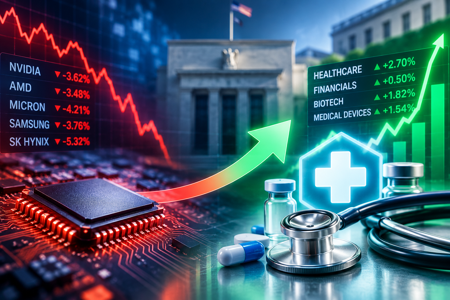 Chip stocks slide as investors pivot to healthcare ahead of the Federal Reserve decision.