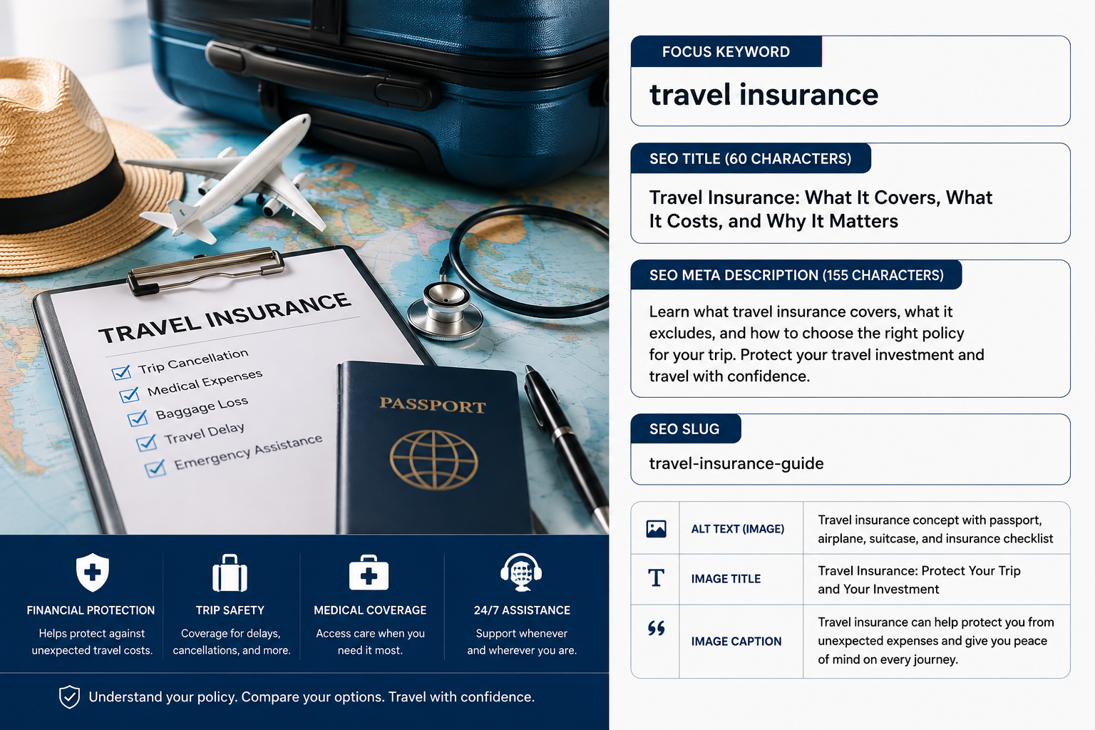 Travel insurance concept with passport, airplane, suitcase, and insurance checklist