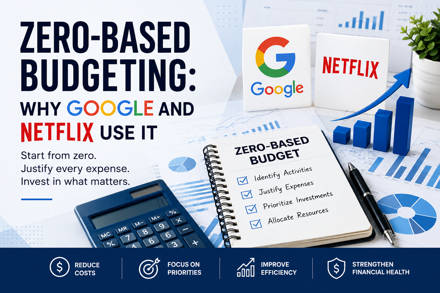 Zero-Based Budgeting illustration showing how Google and Netflix prioritize cost control, smarter budgeting, and efficient resource allocation.
