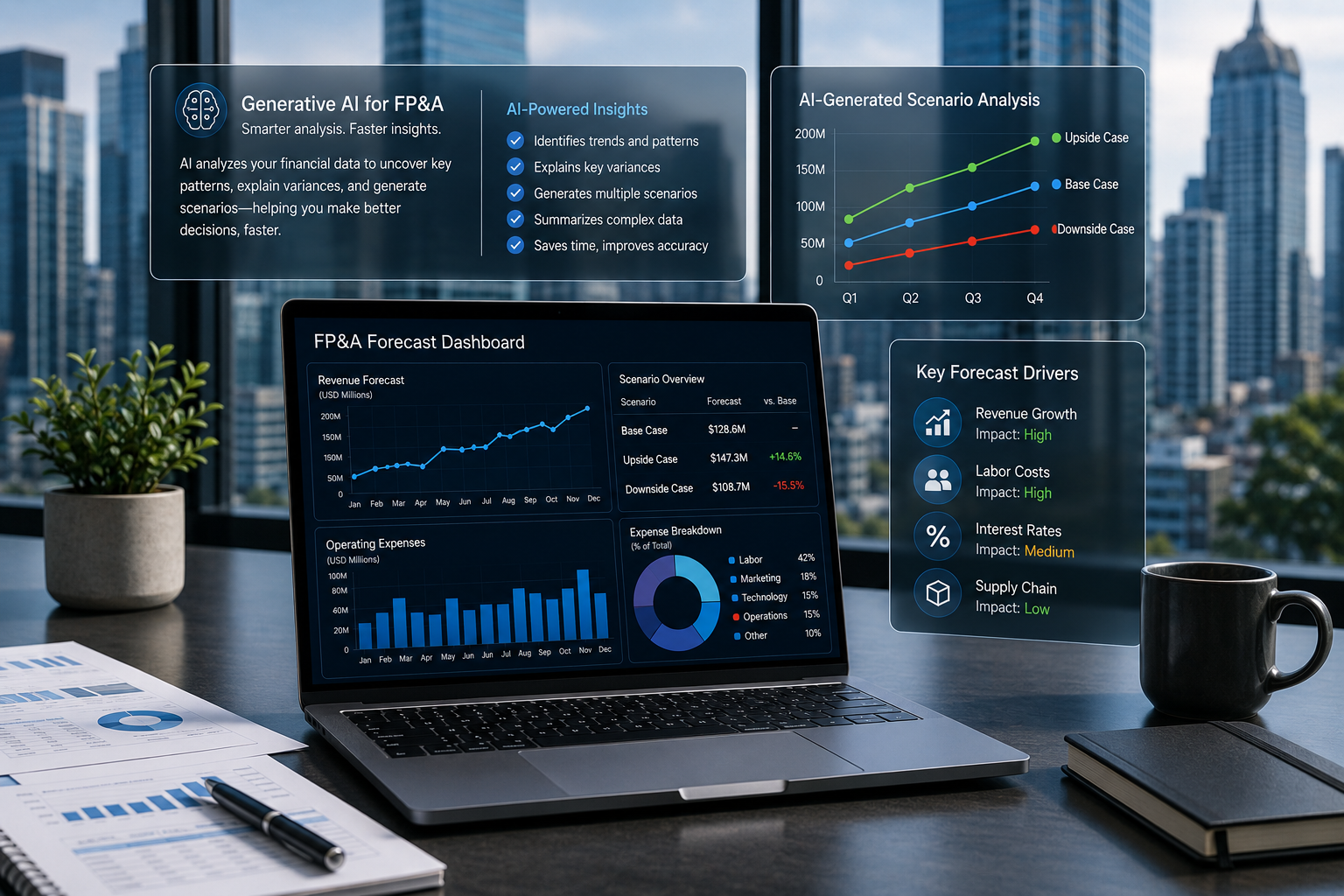 Generative AI for FP&A dashboard showing financial forecasts, scenario analysis, and key forecast drivers on a laptop in a modern corporate office