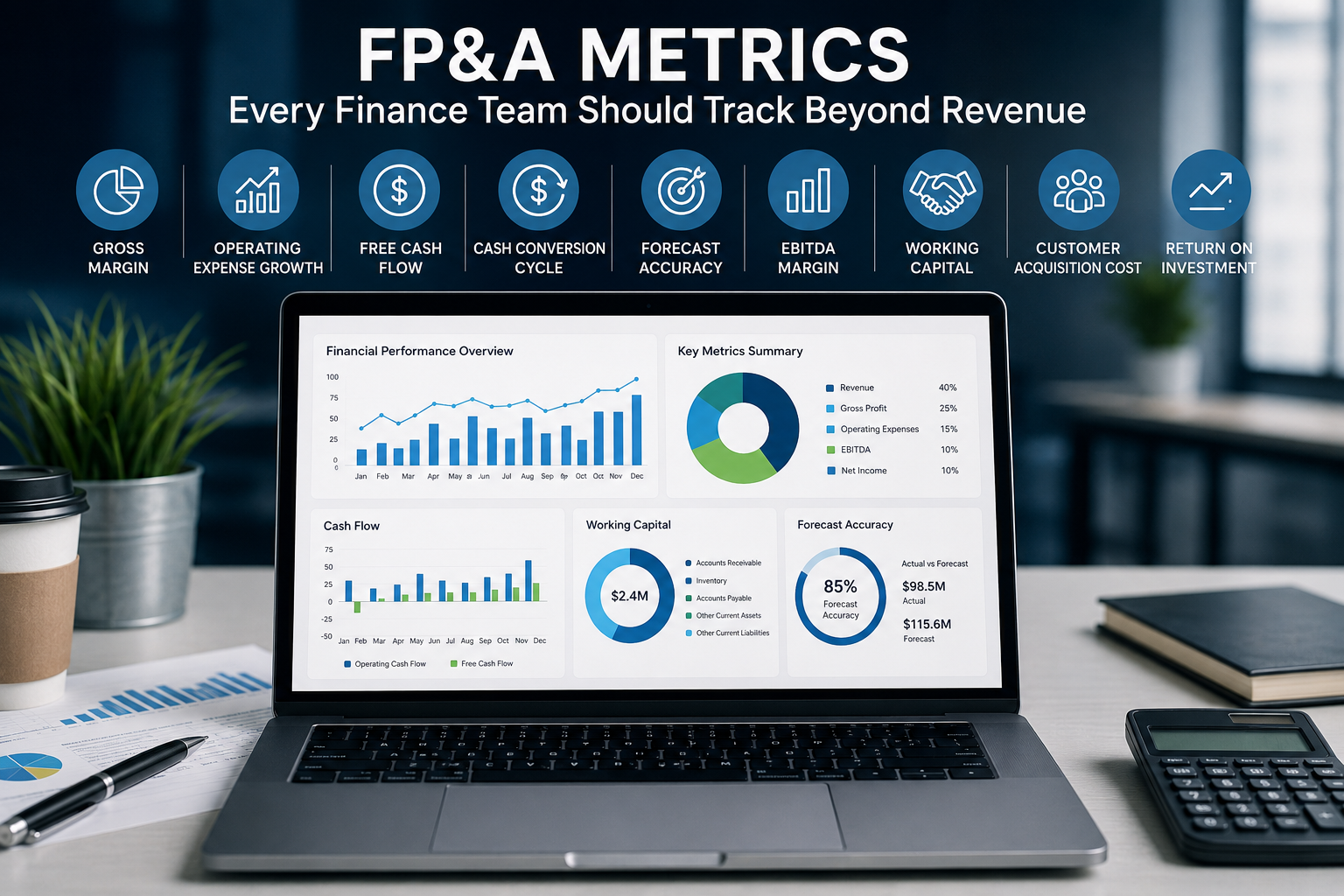 FP&A metrics dashboard showing financial performance, cash flow, forecast accuracy, working capital, and profitability