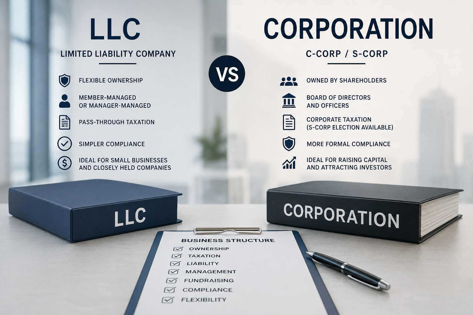 LLC vs corporation business structure comparison on a professional office desk
