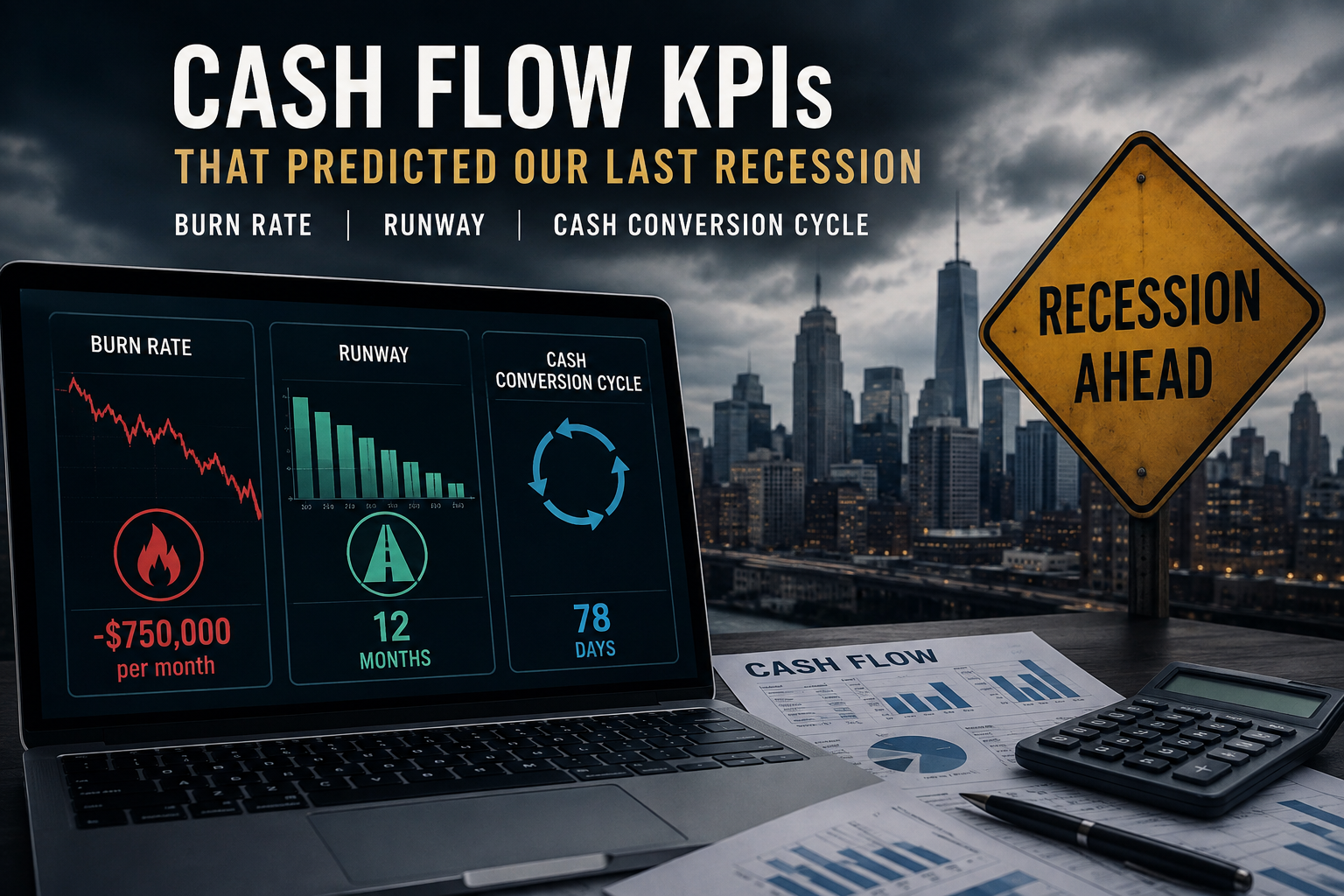 Cash flow KPIs dashboard showing burn rate, cash runway, and cash conversion cycle as key indicators of recession risk.