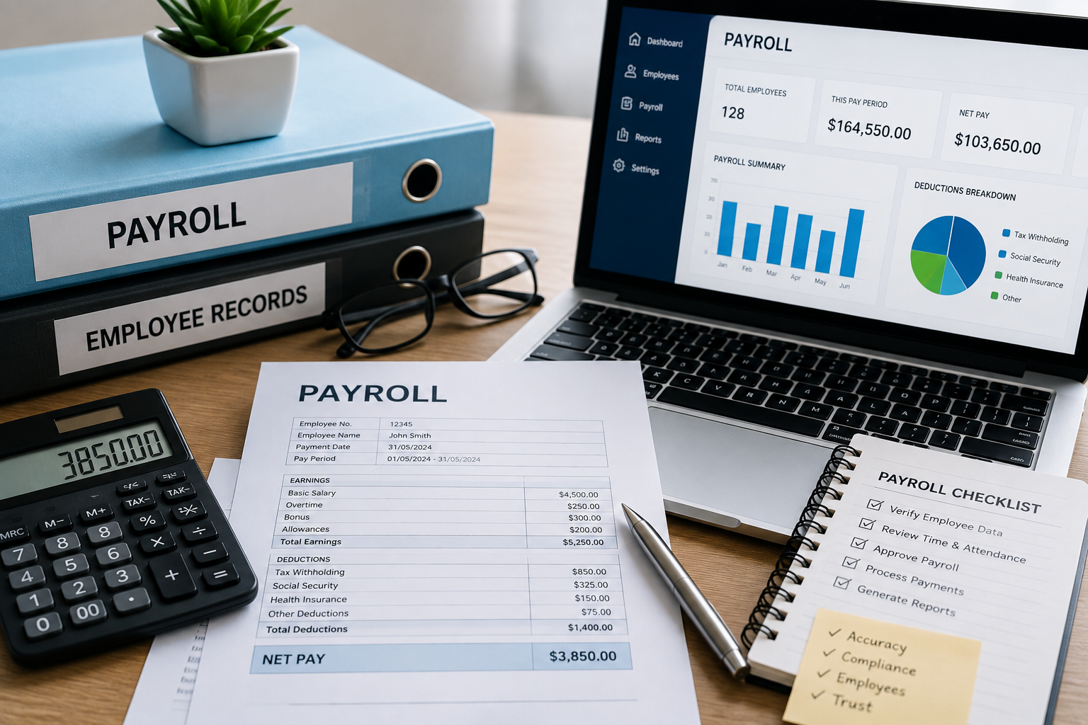 Payroll documents, calculator, and payroll dashboard used by finance departments to improve payroll accuracy and reduce payroll errors.