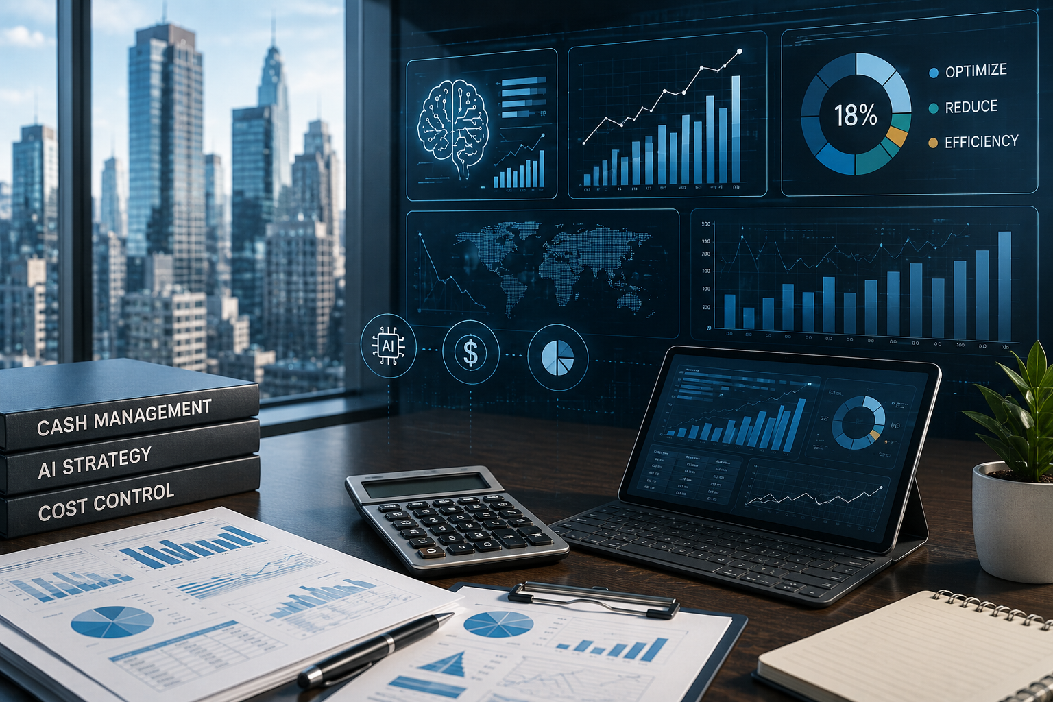 Modern financial dashboard displaying AI analytics, cash management, and cost control metrics in a corporate finance office.